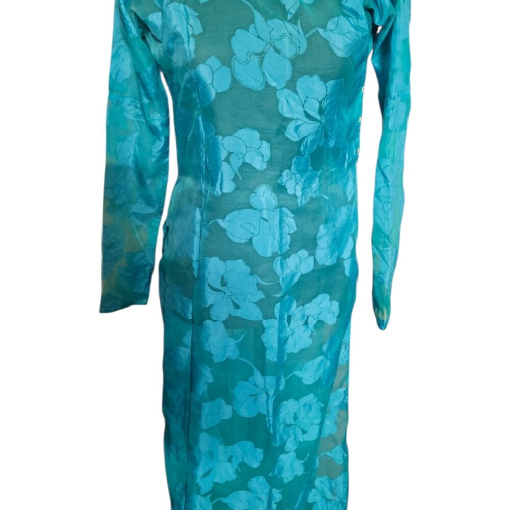 Vintage Cheongsam Dress Teal Jacquard Floral Long Sleeve Size Small